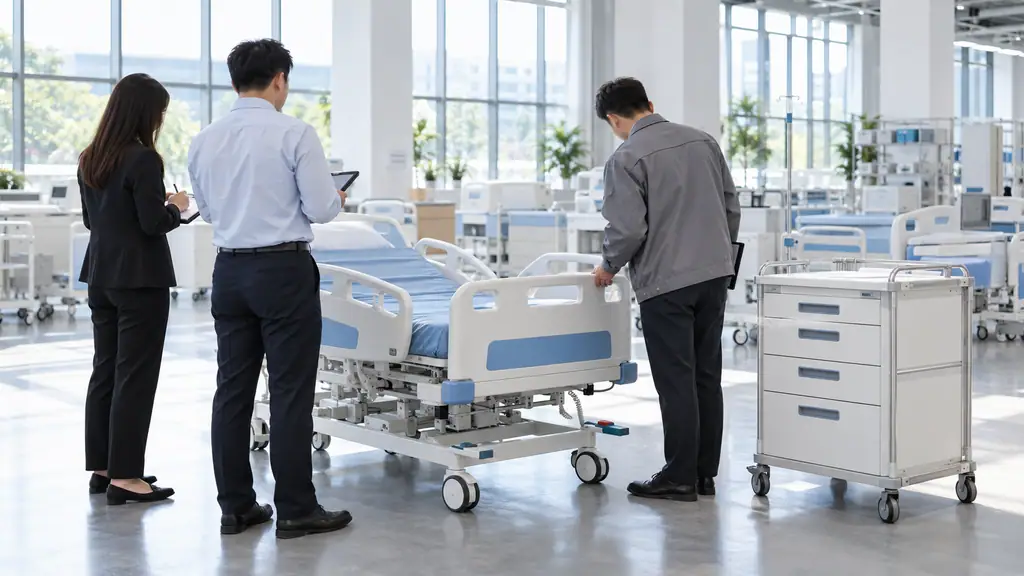 Hospital procurement team inspecting an electric hospital bed and a medical trolley during a supplier evaluation in a factory showroom