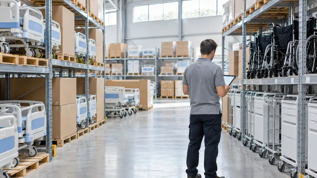 Clean medical equipment distribution warehouse with boxed hospital beds, wheelchairs and trolleys on racking and a staff member checking stock on a tablet