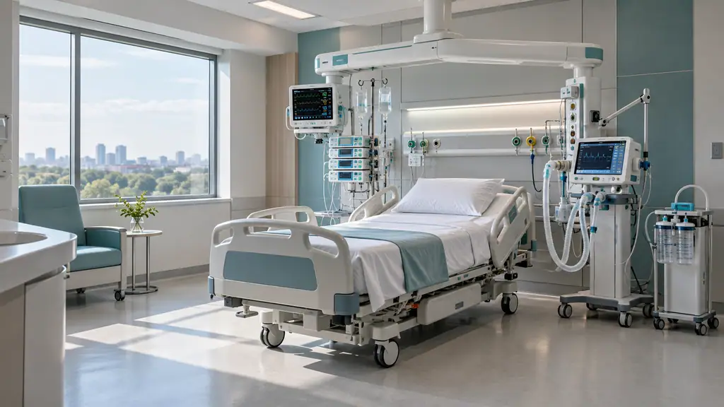 Single-bed intensive care room with an electric ICU bed, a ceiling-mounted ICU pendant holding a monitor, and a ventilator beside the bed