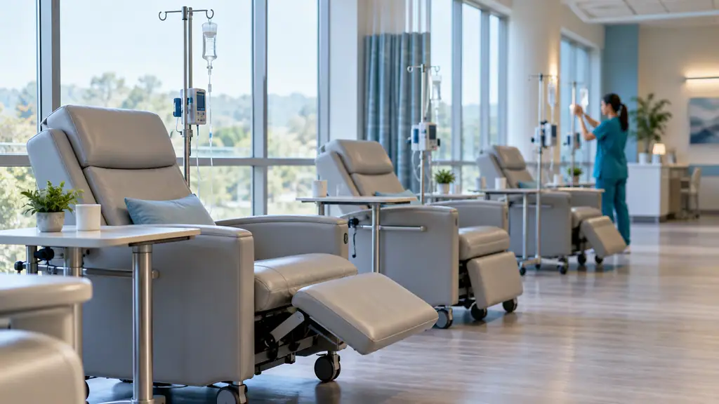 Row of reclining infusion chairs with IV poles in a bright outpatient infusion bay, one chair tilted back with its footrest raised