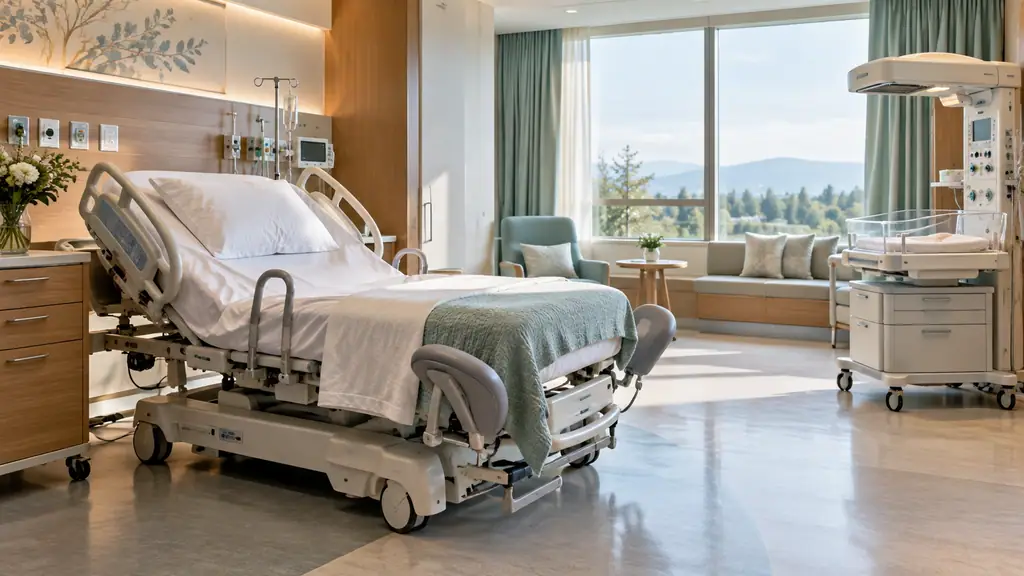 Electric birthing bed with padded leg supports and handgrips in a calm labor and delivery room with an infant warmer in the corner