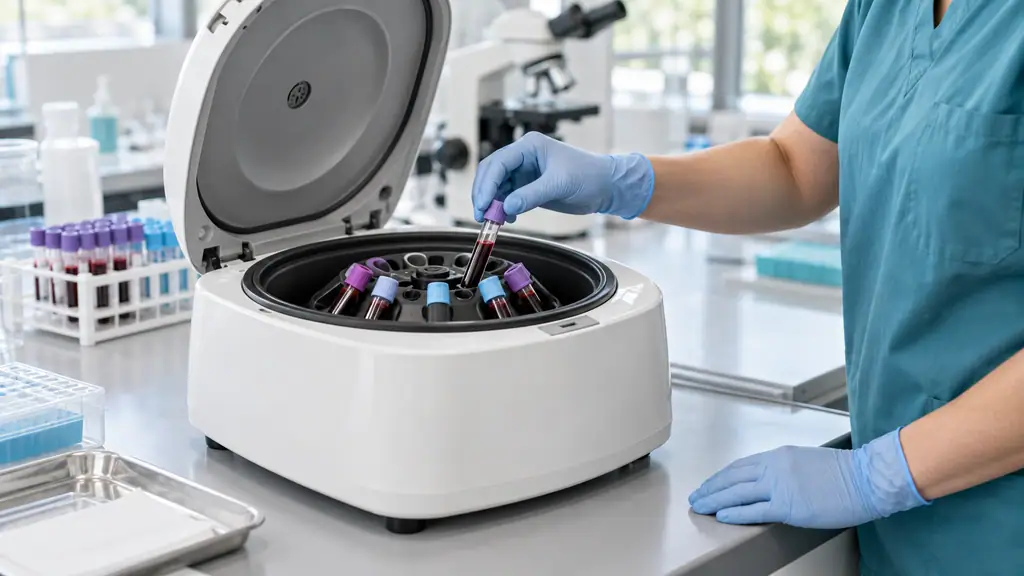 Compact benchtop centrifuge machine with its lid open and a rotor loaded with blood collection tubes on a hospital laboratory bench