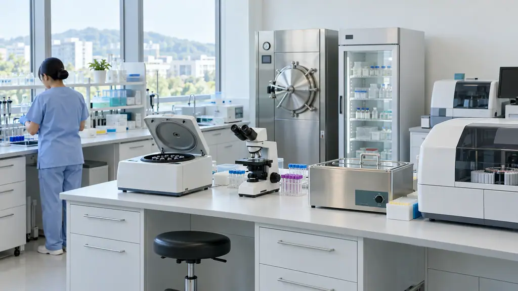 Hospital clinical laboratory with benches holding a centrifuge, microscope, water bath and analyzer, and a vertical steam sterilizer and blood storage refrigerator along the wall