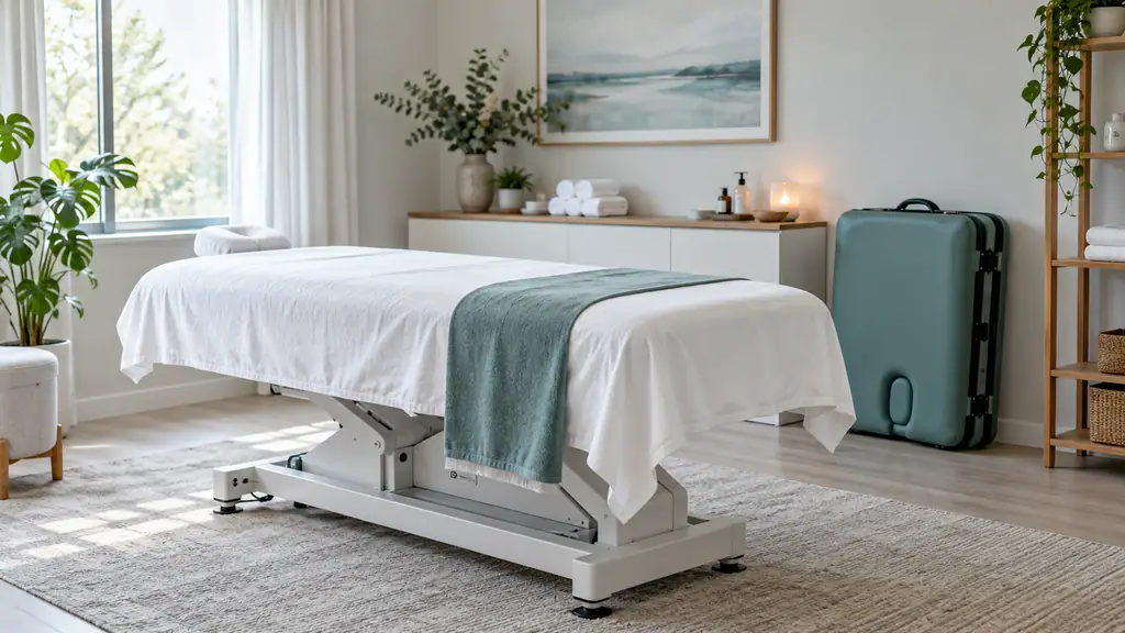Electric massage table with a padded face cradle in a calm, softly lit treatment room next to a folded portable massage table leaning against the wall