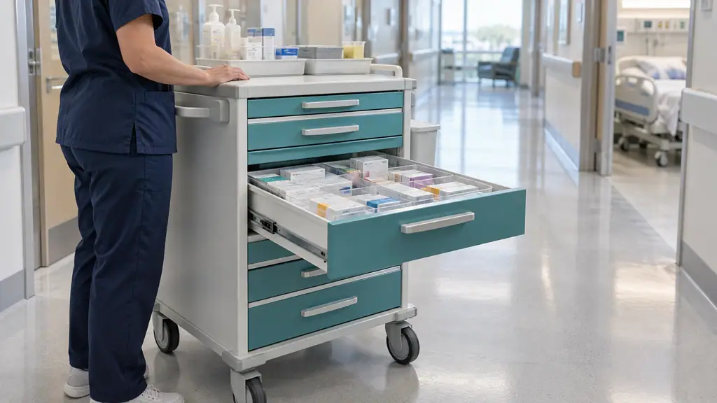Nurse pulling open a divided drawer of a lockable med cart in a hospital ward corridor