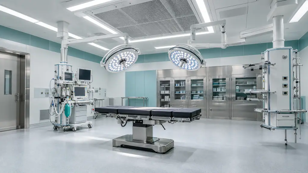 Empty modern operating room with an operating table under twin LED surgical lights, an anesthesia pendant at the head end and a surgical pendant on one side
