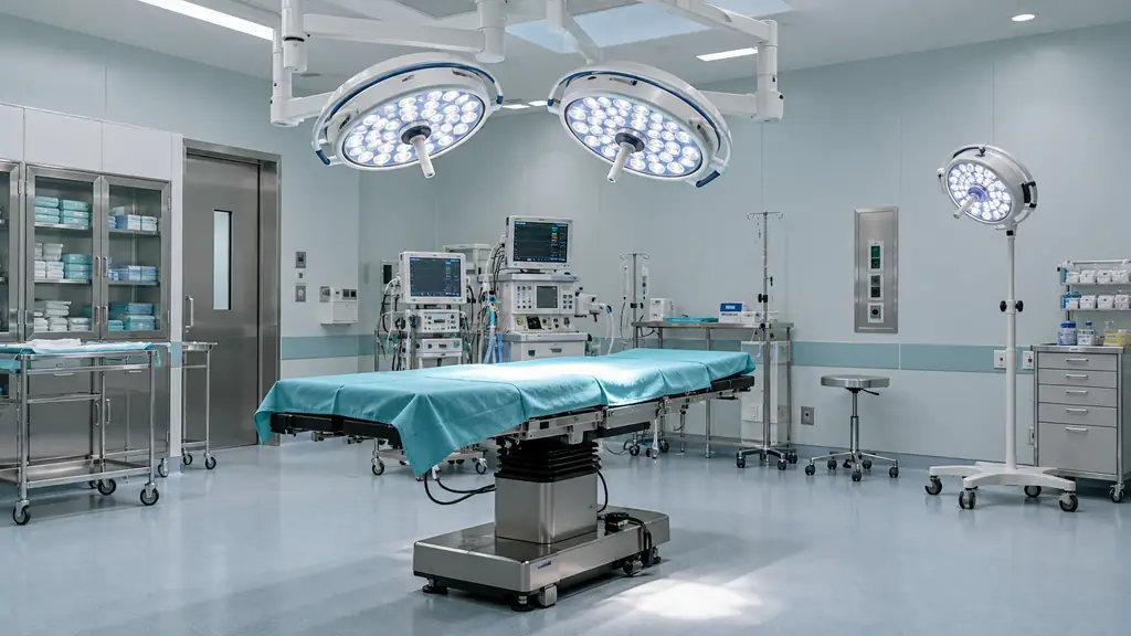 Modern operating room with a ceiling-mounted double-dome LED surgical light over the table and a mobile surgical light on a wheeled stand beside it