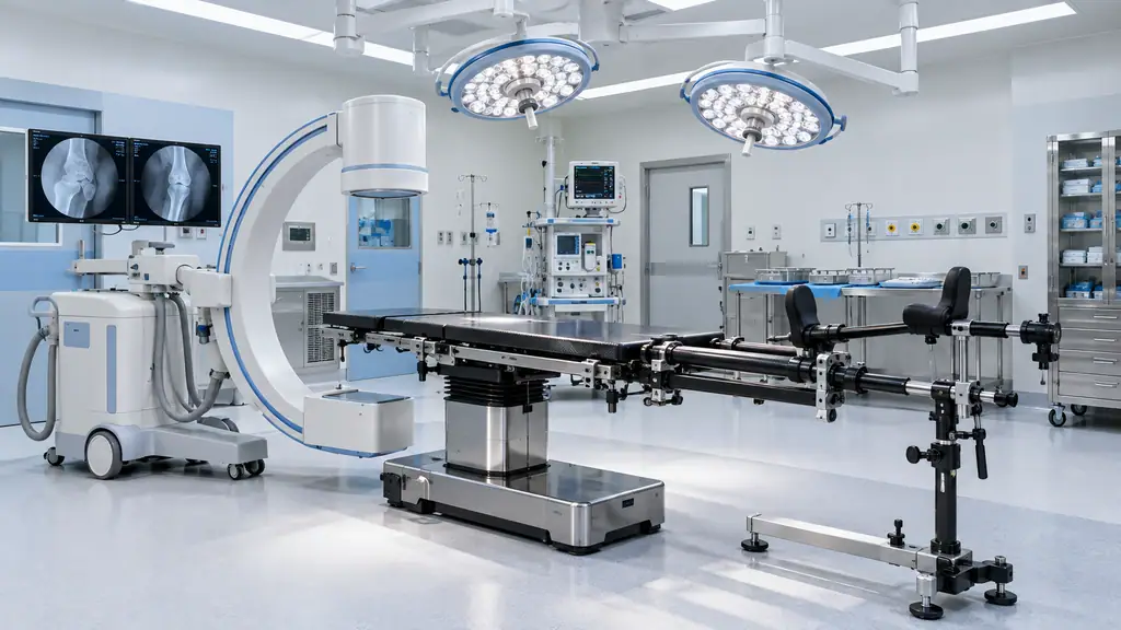 Operating room with a radiolucent carbon fiber operating table fitted with an orthopedic traction frame and a mobile C-arm positioned beside it