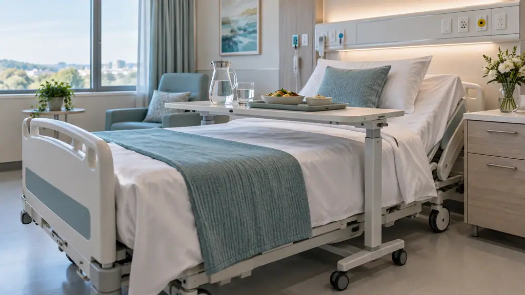 Height-adjustable overbed table with wheels positioned across an electric hospital bed in a bright single patient room