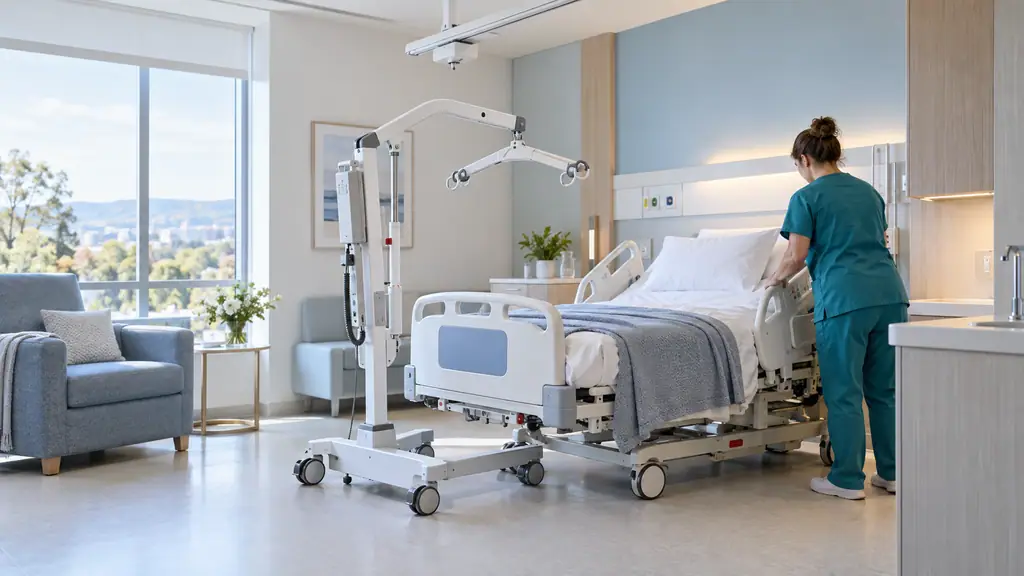 Electric mobile patient lift with spreader bar beside a hospital bed, with a ceiling lift track visible overhead
