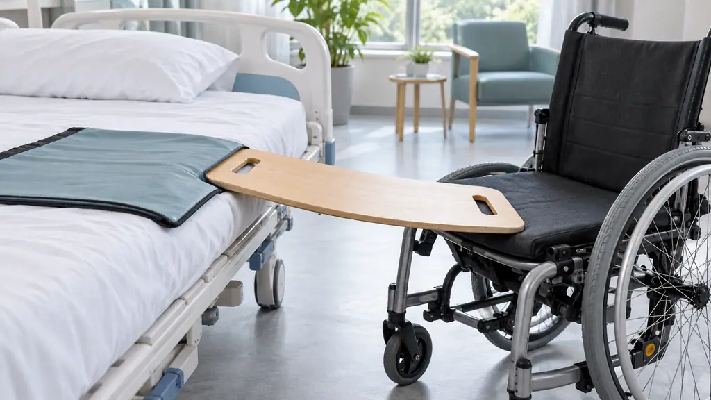 Wooden transfer board bridging the gap between a hospital bed and a wheelchair in a bright rehabilitation room