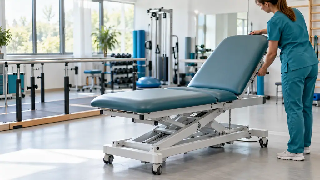 Electric hi-lo physical therapy treatment table with a raised backrest in a bright rehabilitation gym, parallel bars in the background