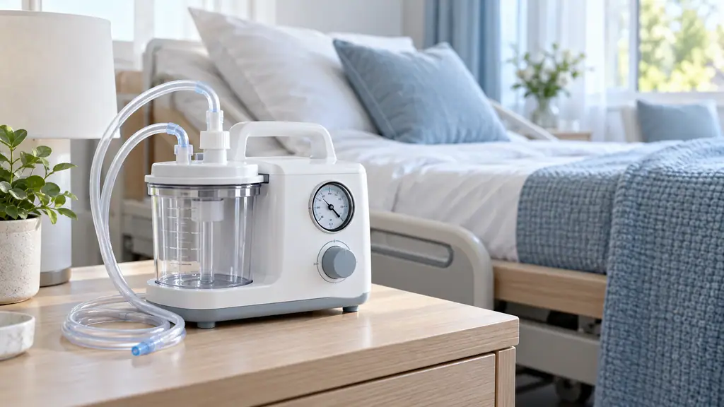 Compact portable suction machine with a clear collection jar and coiled tubing on a bedside table in a bright home-care bedroom