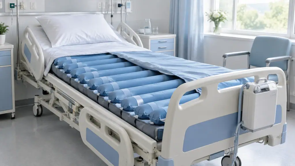 Alternating pressure air mattress with tubular air cells on a hospital bed, with its compact pump hooked on the footboard