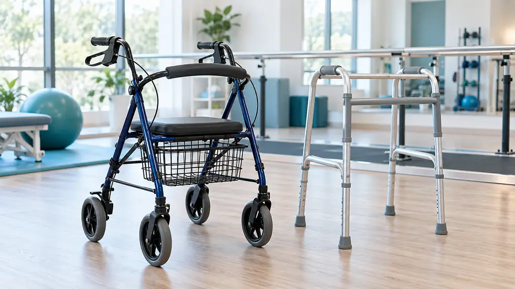 A four-wheel rollator walker with seat and basket next to a folding aluminum walking frame in a rehabilitation gym