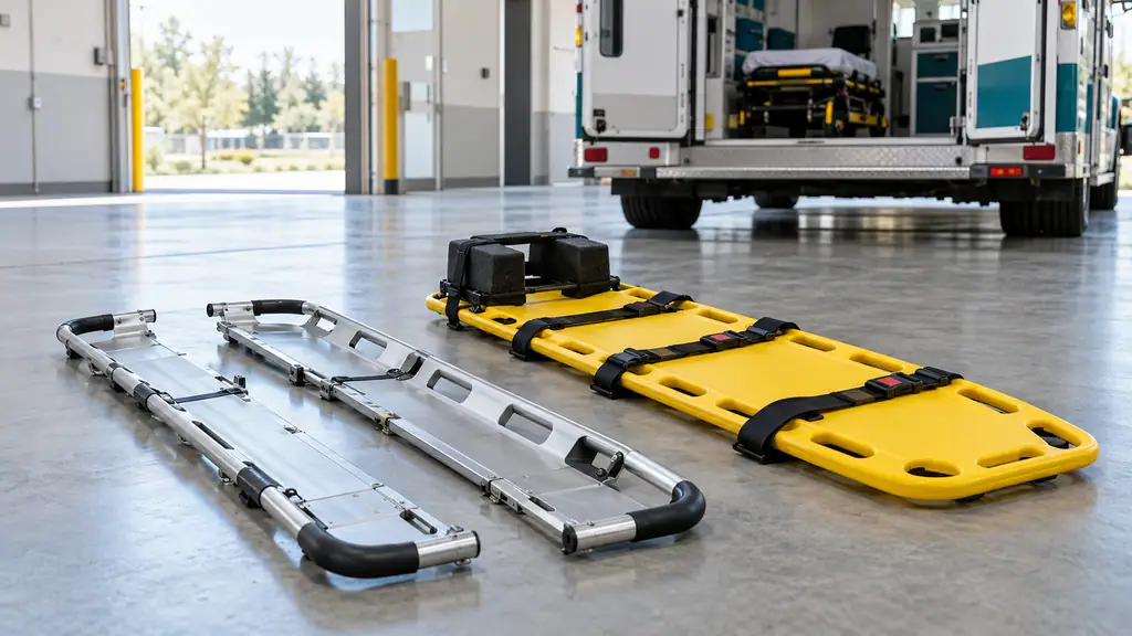 Aluminum scoop stretcher split into two halves next to a yellow plastic spine board on an ambulance bay floor