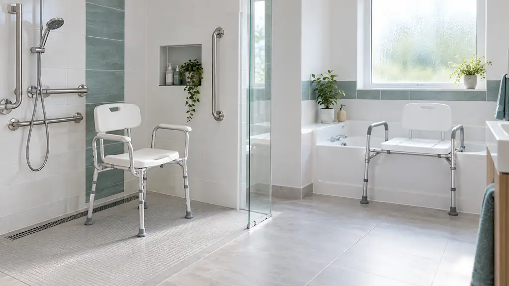Accessible bathroom with a height adjustable shower chair with armrests in a roll-in shower and a tub transfer bench straddling a bathtub wall