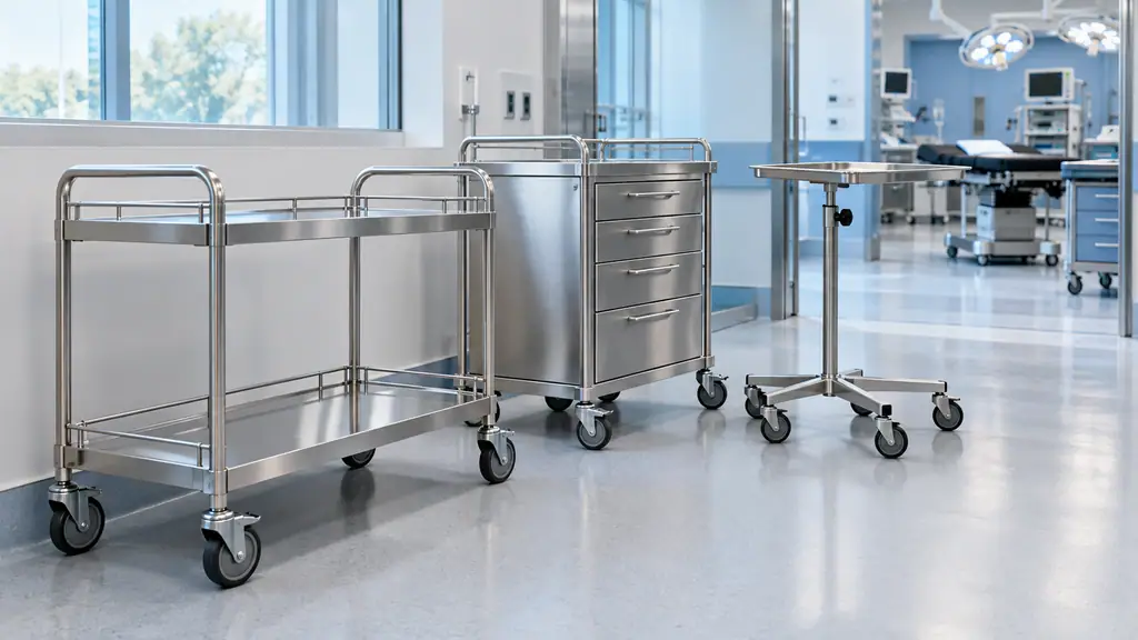 Row of stainless steel carts, a two-tier instrument trolley and a Mayo trolley, in a bright operating room preparation area
