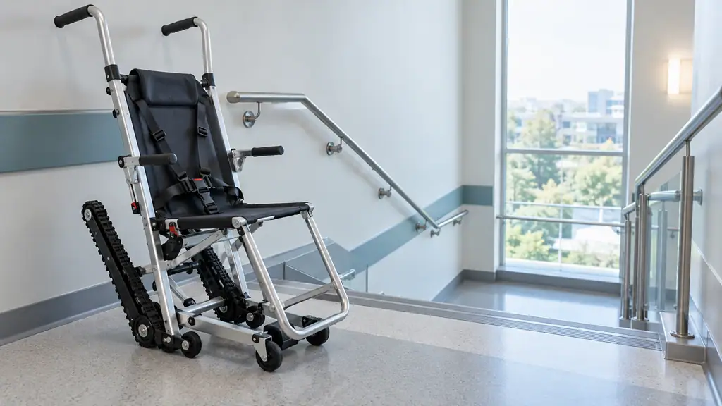 Folding tracked stair chair with an aluminum frame, rubber tracks and safety belts positioned at the top of a hospital stairwell