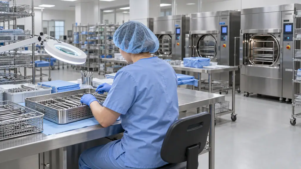 Hospital central sterile processing department with a technician assembling a surgical instrument tray at a stainless steel packing table, with front-loading steam sterilizers along the back wall