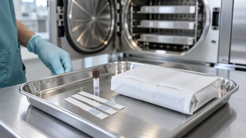 Sterilization indicator strips, a self-contained biological indicator vial and a Bowie-Dick test pack laid out on a stainless steel tray next to an open steam sterilizer