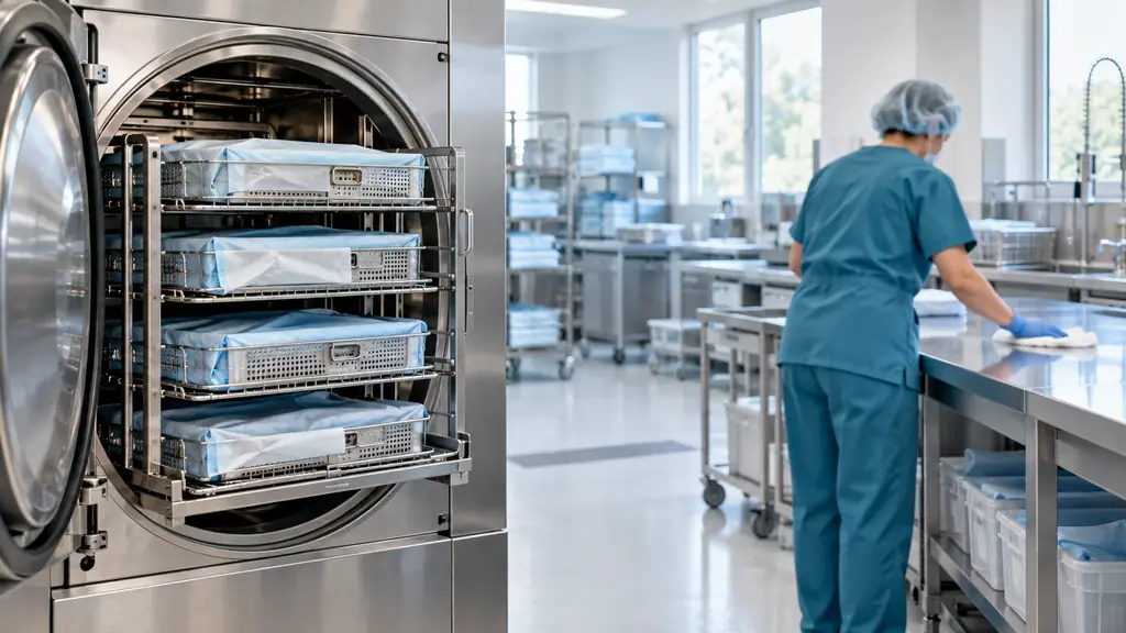 Hospital reprocessing room with a horizontal steam sterilizer on one side and a technician wiping a stainless steel work surface with a disinfectant cloth on the other