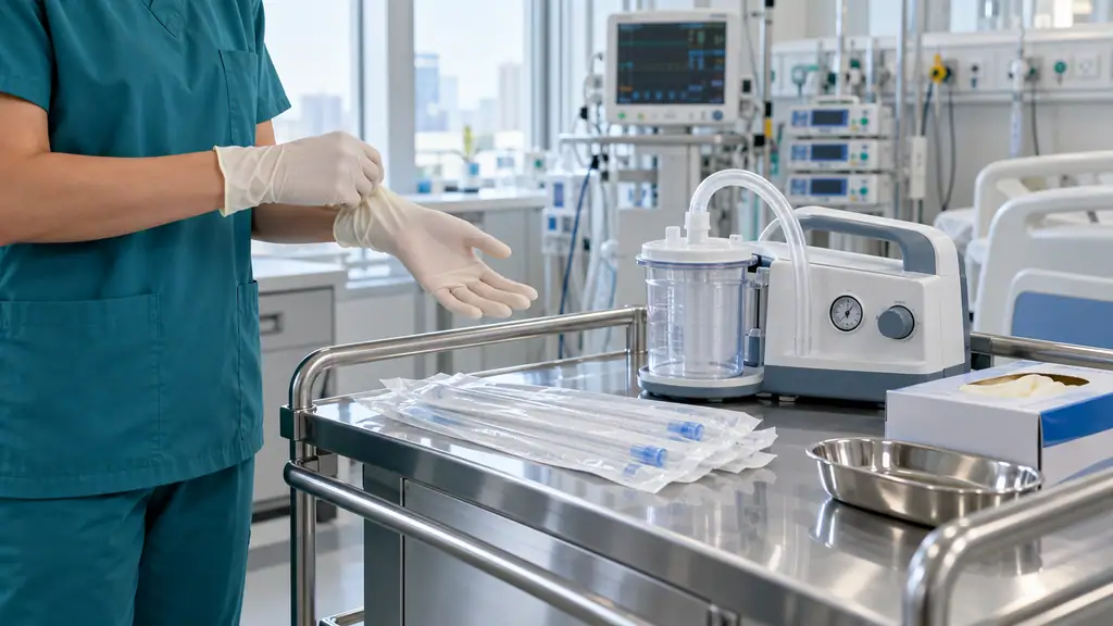 Nurse in teal scrubs preparing airway suction equipment at an ICU bedside, with a portable suction machine, sterile catheter packs and gloves on a trolley