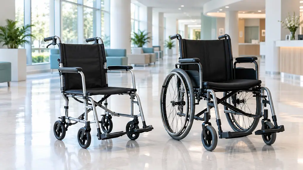 Lightweight transport chair with small rear wheels parked beside a standard self-propelled wheelchair in a hospital lobby