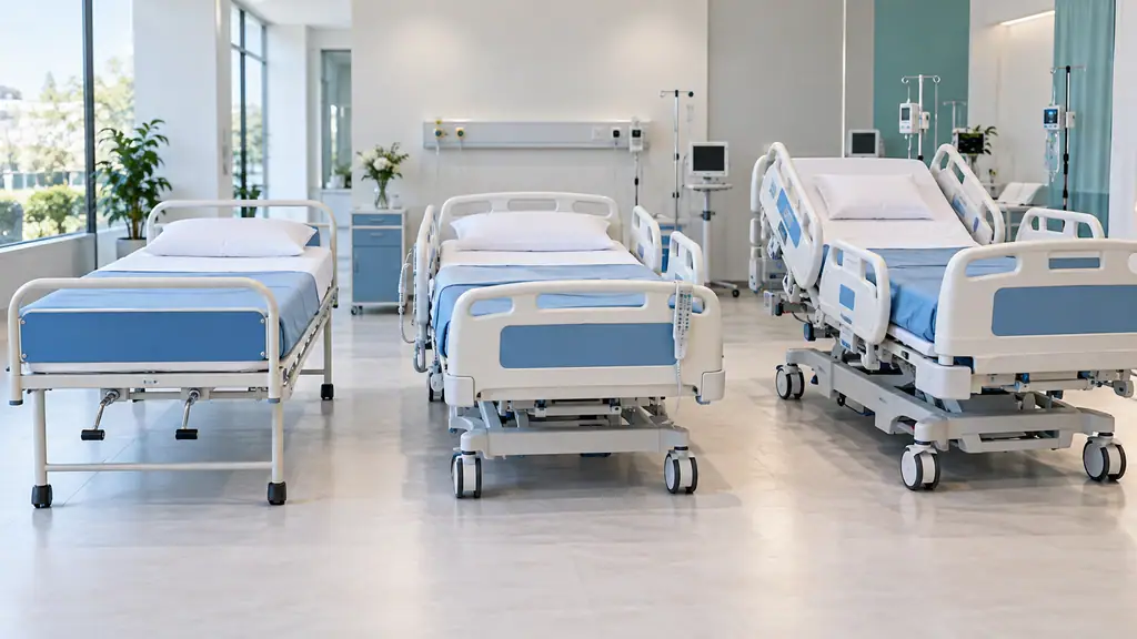 Three different medical bed types side by side in a bright showroom: a manual crank bed, a ward electric bed and an ICU bed