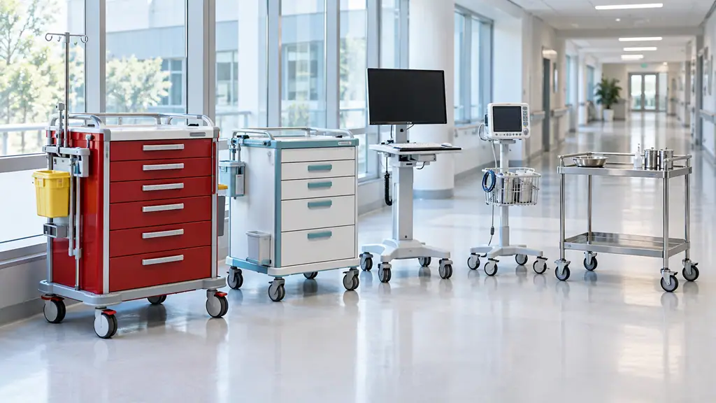 Several types of medical carts lined up in a hospital corridor, including a red crash cart, a nursing cart, a computer cart and a stainless steel instrument trolley