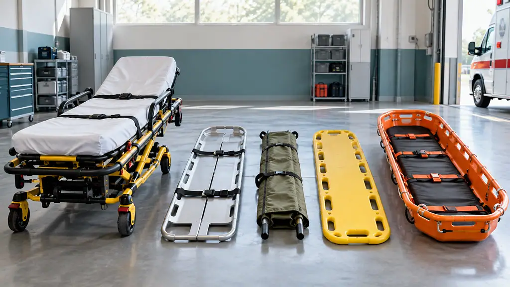 Several types of stretchers lined up in an ambulance station: a wheeled ambulance stretcher, a scoop stretcher, a folding stretcher and a basket stretcher