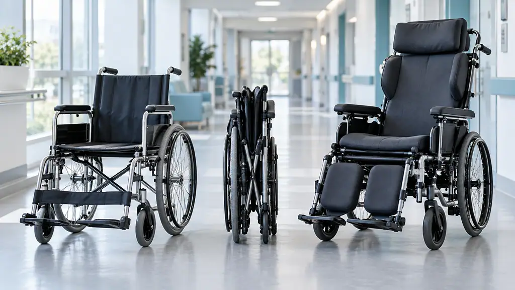Three types of wheelchairs, a standard manual wheelchair, a lightweight folding wheelchair and a high back reclining wheelchair, lined up in a bright hospital corridor