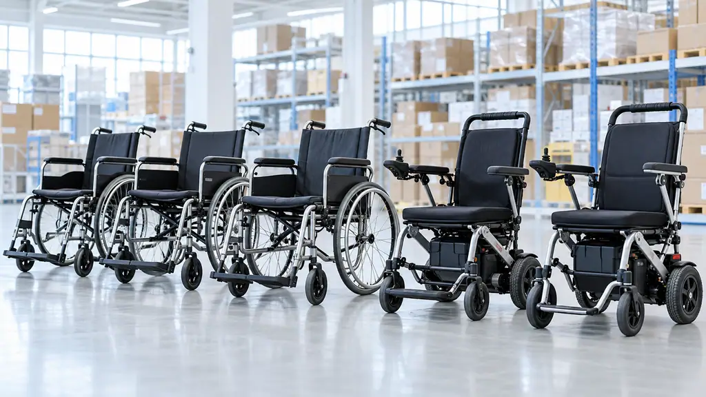 Row of new manual and electric wheelchairs lined up in a clean medical equipment warehouse ready for inspection