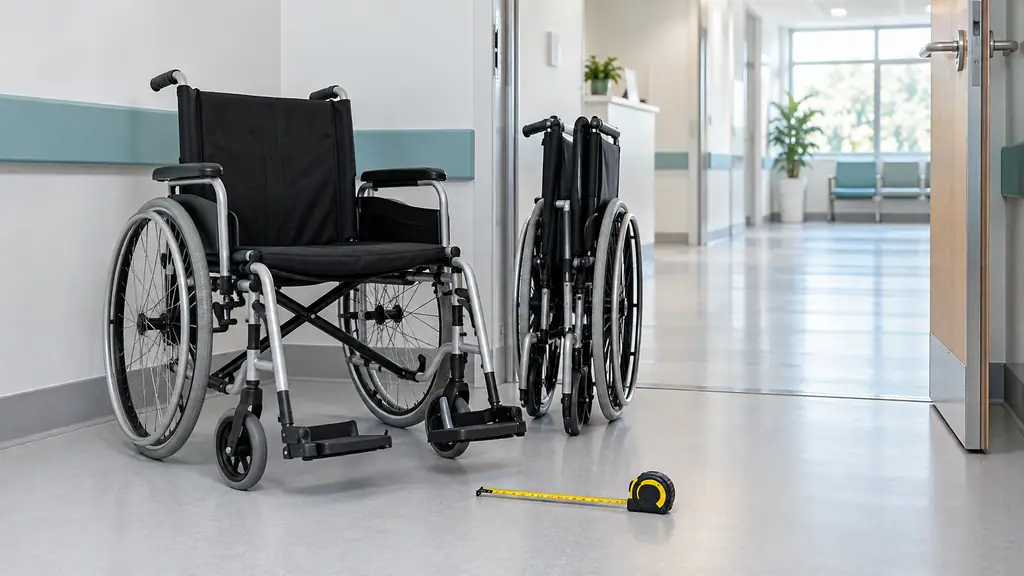 Folded and open manual wheelchairs side by side next to a doorway in a hospital corridor, with a tape measure on the floor