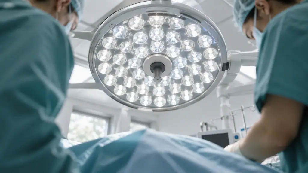 Close view of a multi-module LED surgical light head above an operating table, showing many separate lenses converging on one bright light field