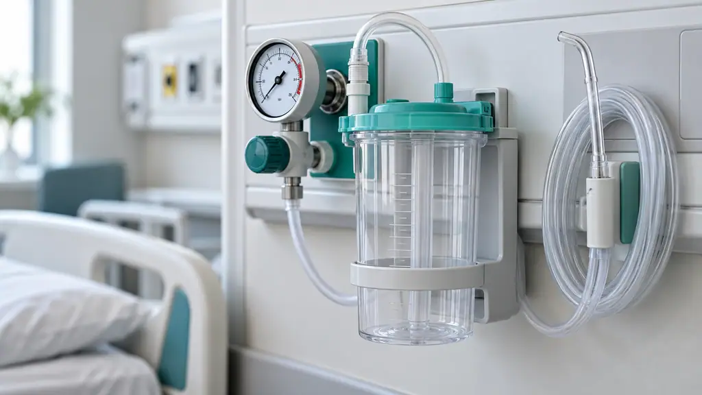 Clear plastic Yankauer suction tip connected by suction tubing to a wall-mounted suction canister and vacuum regulator at a hospital bed head