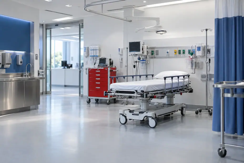 Emergency department resuscitation bay with a red five-drawer crash cart and a stainless steel patient transport stretcher