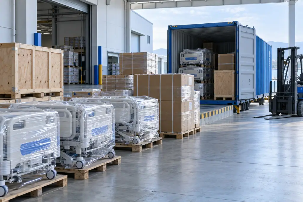 Export crates and wrapped pallets of hospital equipment beside a shipping container at a loading dock