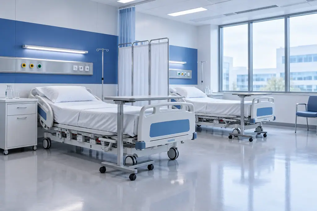 Two-bed general hospital ward with manual hospital beds, bedside cabinets, overbed tables and a privacy screen