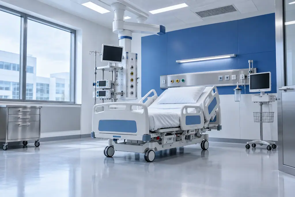 ICU room with a ceiling supply pendant beside a 5-function electric hospital bed