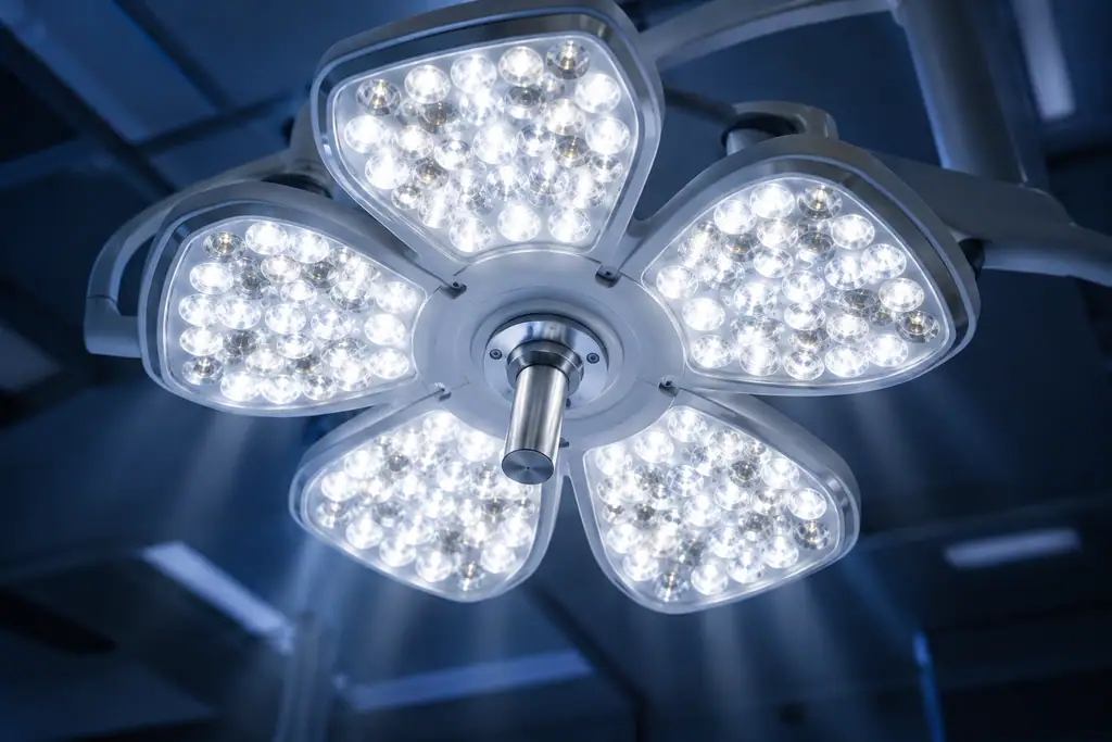 Close-up of a multi-petal LED surgical light dome glowing above an operating table