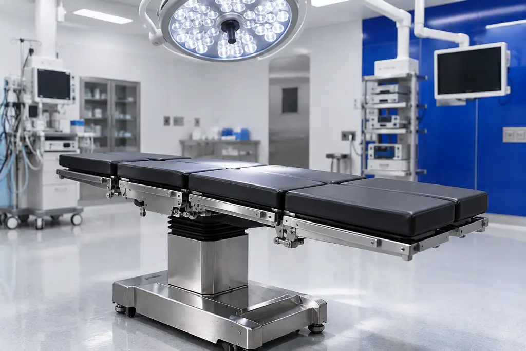 Electro-hydraulic operating table with radiolucent top under surgical lights