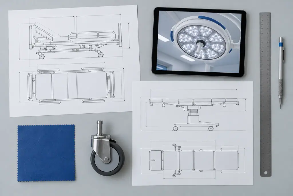 Technical drawings of hospital equipment, a tablet and a steel ruler on a planning desk