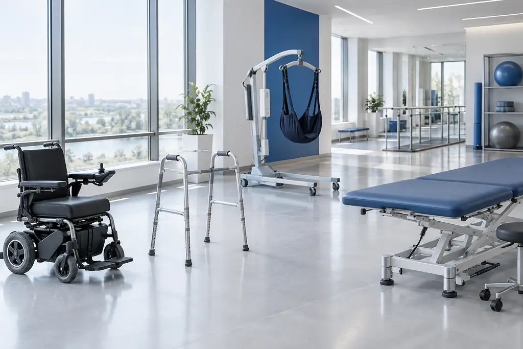 Rehabilitation hall with an electric wheelchair, walking frame, patient lift and physiotherapy table